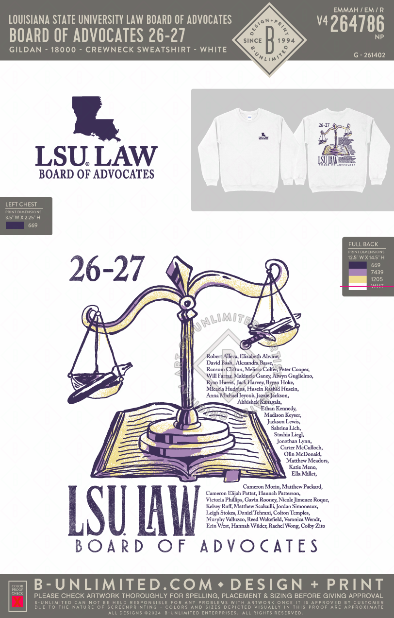 Louisiana State University Law Board of Advocates - Board of Advocates 26-27 - Gildan - 18000 - Crewneck Sweatshirt - White