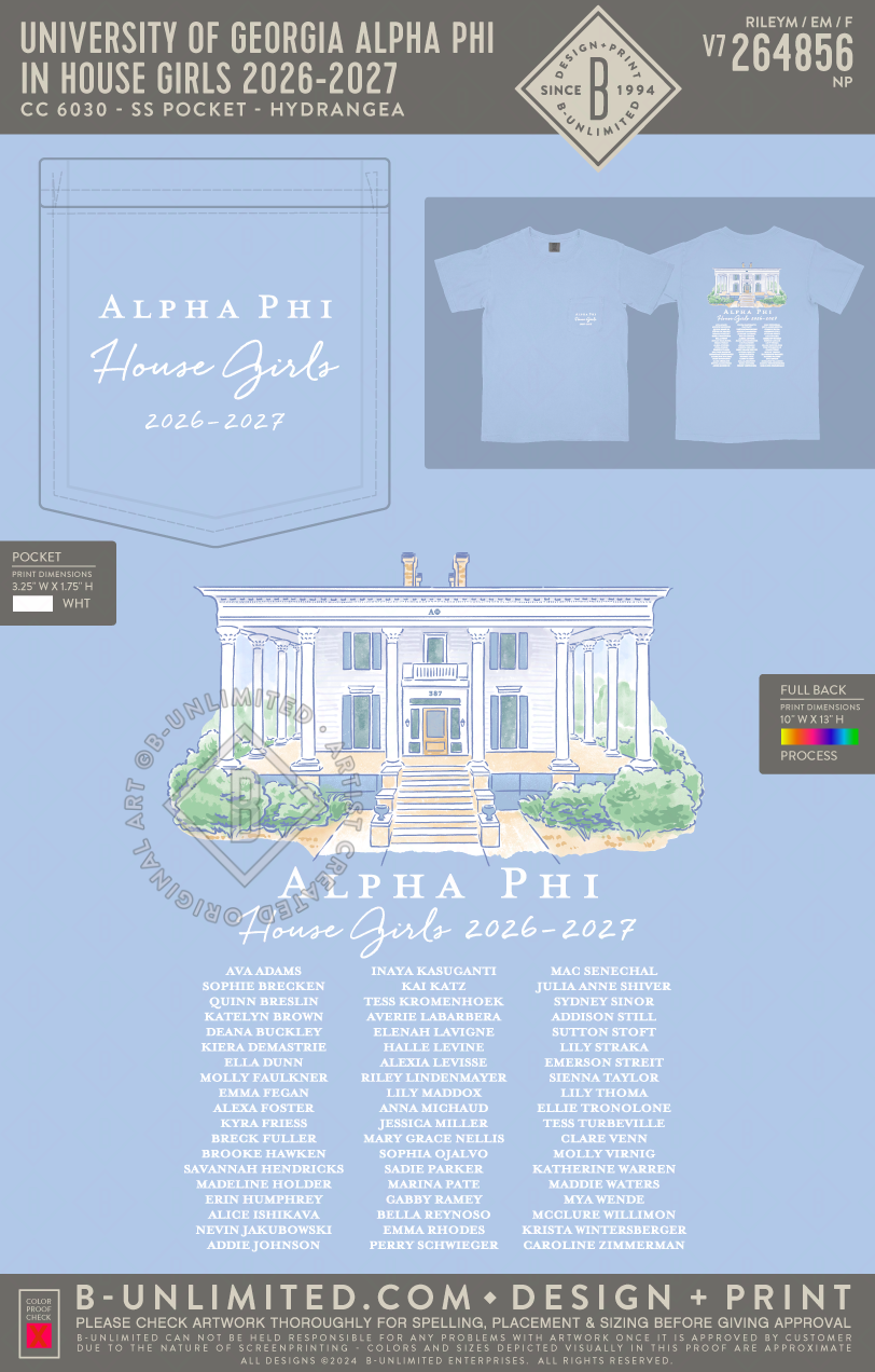 UGA APHI - In house girls 2026-2027 - CC - 6030 - SS Pocket - Hydrangea