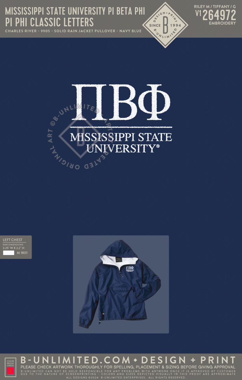 Mississippi State University Pi Beta Phi - Pi Phi Classic Letters - Charles River - 9905 - Solid Rain Jacket Pullover - Navy