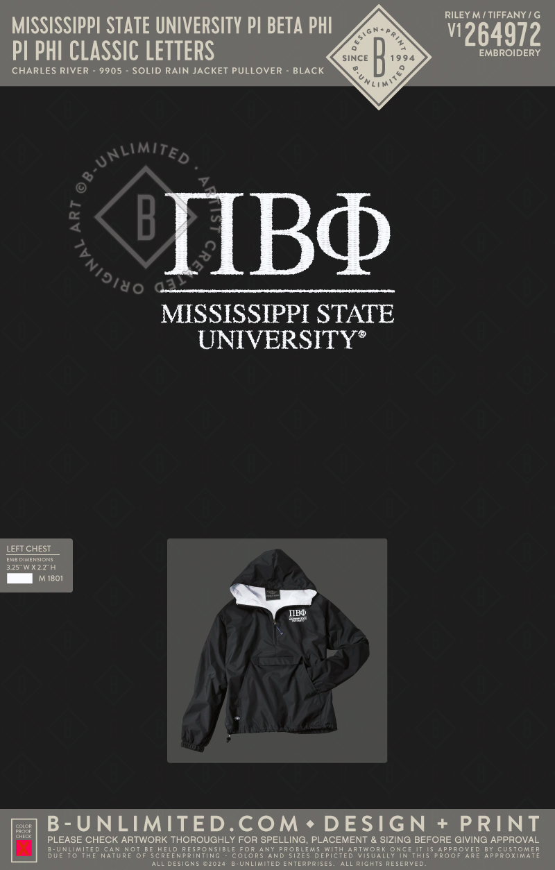 Mississippi State University Pi Beta Phi - Pi Phi Classic Letters - Charles River - 9905 - Solid Rain Jacket Pullover - Black