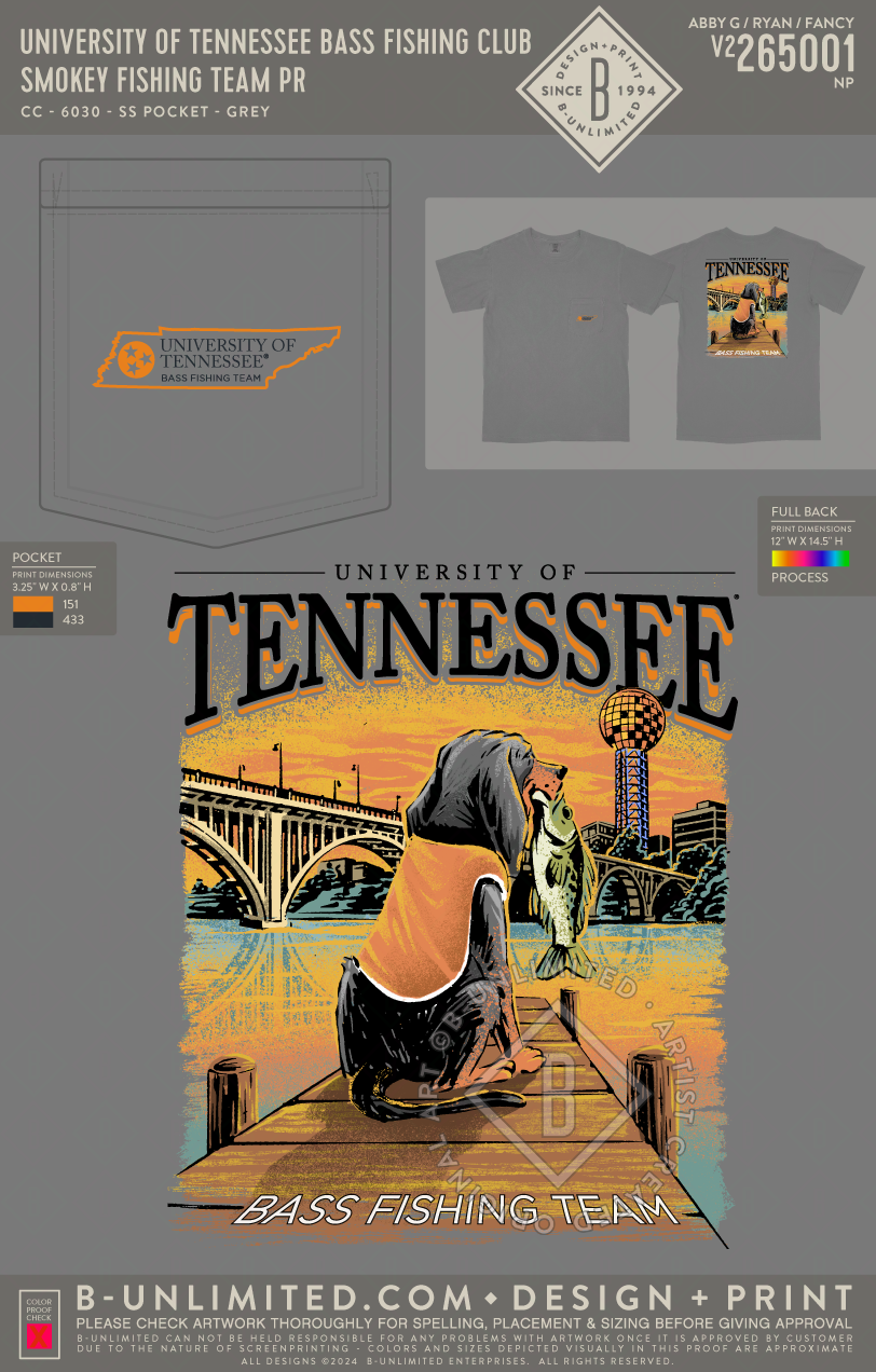 University of Tennessee Bass Fishing Club - Smokey Fishing Team PR - CC - 6030 - SS Pocket - Grey