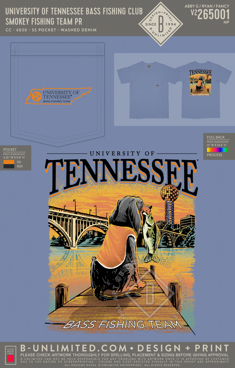 University of Tennessee Bass Fishing Club - Smokey Fishing Team PR - CC - 6030 - SS Pocket - Washed Denim
