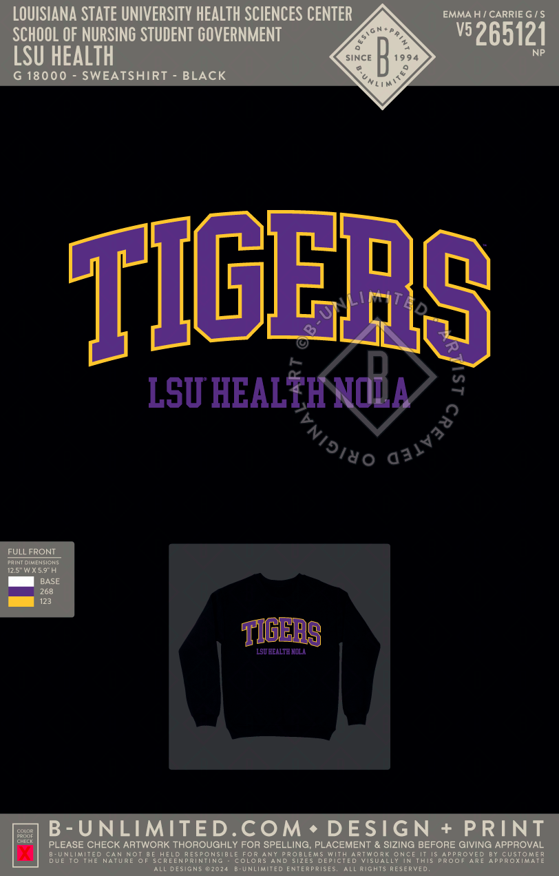 Louisiana State University Health Sciences Center School of Nursing Student Government - LSU Health - Gildan - 18000 - Crewneck Sweatshirt - Black