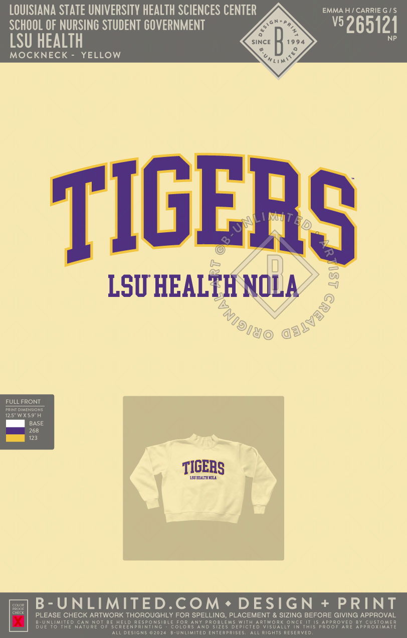 Louisiana State University Health Sciences Center School of Nursing Student Government - LSU Health - Tap Stitch - WW0004-P001-V2 - Mockneck Crewneck Sweatshirt - Yellow