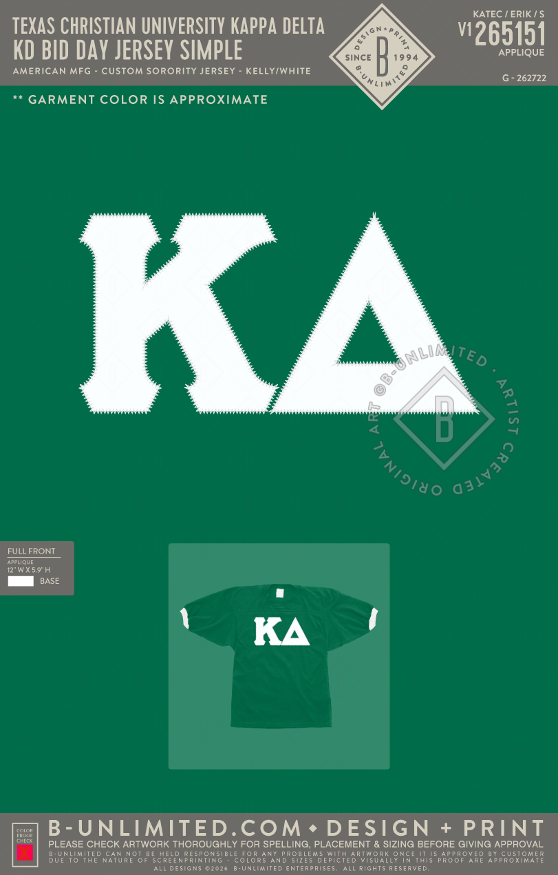 Texas Christian University Kappa Delta - KD Bid Day Jersey Simple - American MFG - Custom Sorority Jersey - Kelly/White
