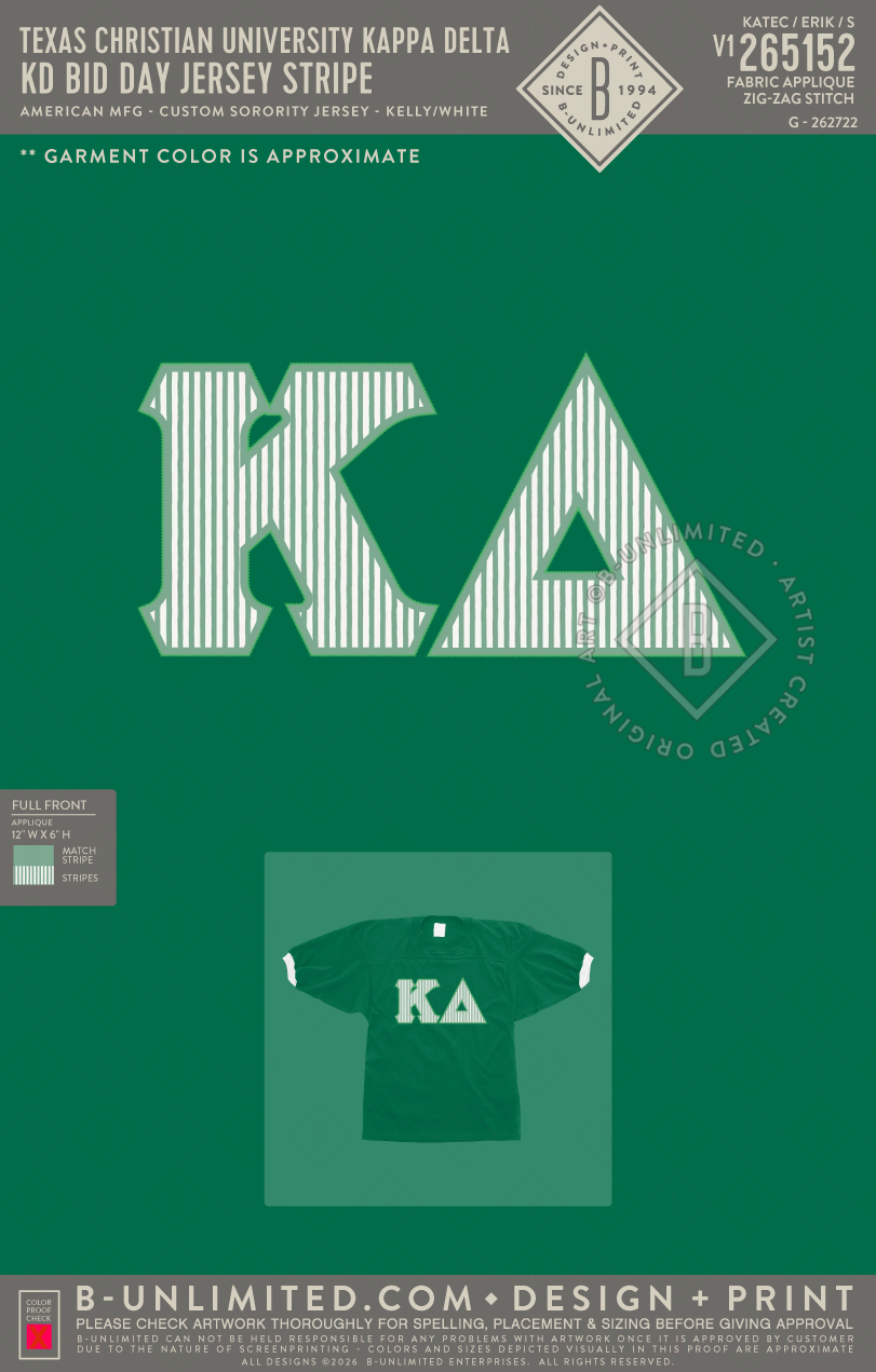 Texas Christian University Kappa Delta - KD Bid Day Jersey Stripe - American MFG - Custom Sorority Jersey - Kelly/White
