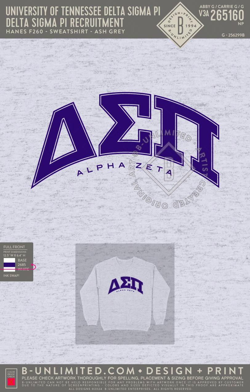 University of Tennessee Delta Sigma Pi - Delta Sigma Pi Recruitment - Hanes - F260 - Sweatshirt - Ash