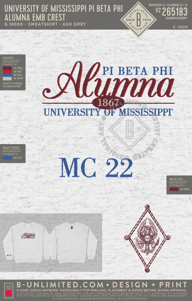 University of Mississippi Pi Beta Phi - Alumna EMB Crest - Gildan - 18000 - Crewneck Sweatshirt - Ash Grey