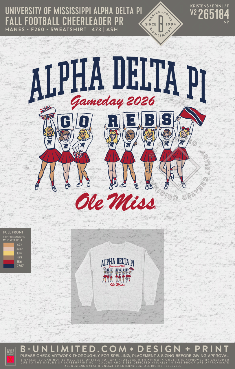 University of Mississippi Alpha Delta Pi - Fall Football Cheerleader PR - Hanes - F260 - Sweatshirt - Ash