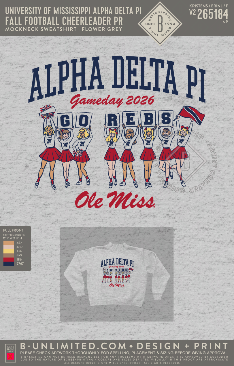 University of Mississippi Alpha Delta Pi - Fall Football Cheerleader PR - Tap Stitch - WW0004-P001-V2 - Mockneck Crewneck Sweatshirt - Flower Grey