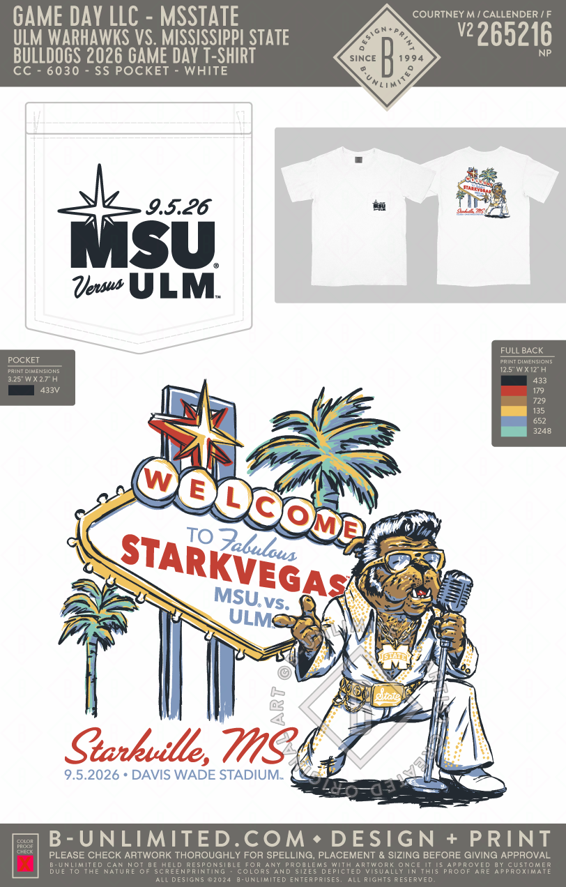 B-Unlimited Game Day - ULM Warhawks vs. Mississippi State Bulldogs 2026 Game Day T-Shirt (WS) - CC - 6030 - SS Pocket - White