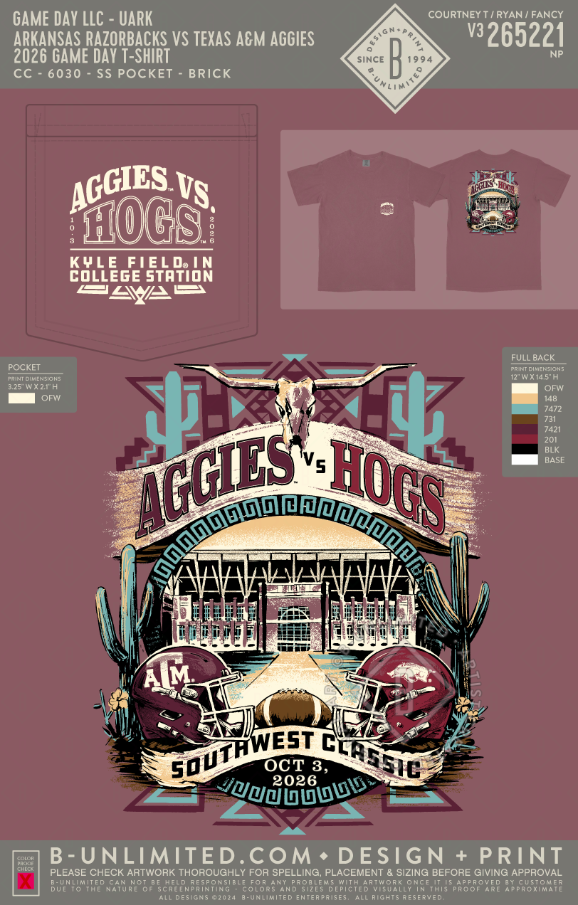 B-Unlimited Game Day - Arkansas Razorbacks vs Texas A&M Aggies 2026 Game Day T-Shirt (WS) - CC - 6030 - SS Pocket - Brick