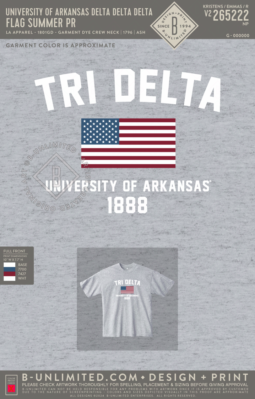University of Arkansas Delta Delta Delta - Flag Summer PR - LA Apparel - 1801GD - Garment Dye Crew Neck - Ash