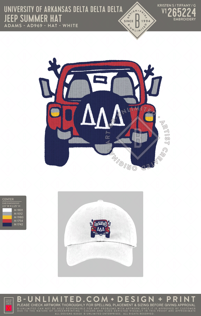 University of Arkansas Delta Delta Delta - Jeep Summer Hat - Adams - AD969 - Hat - White