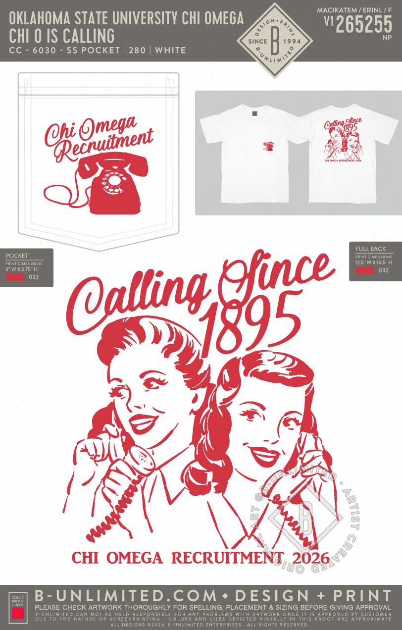 Oklahoma State University Chi Omega - Chi O Is Calling - CC - 6030 - SS Pocket - White