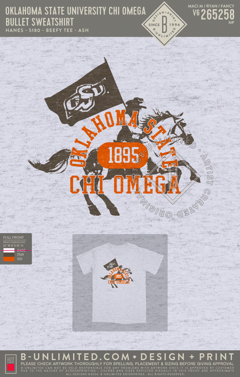Oklahoma State University Chi Omega - Bullet Sweatshirt - Hanes - 5180 - SS Beefy Crew - Ash