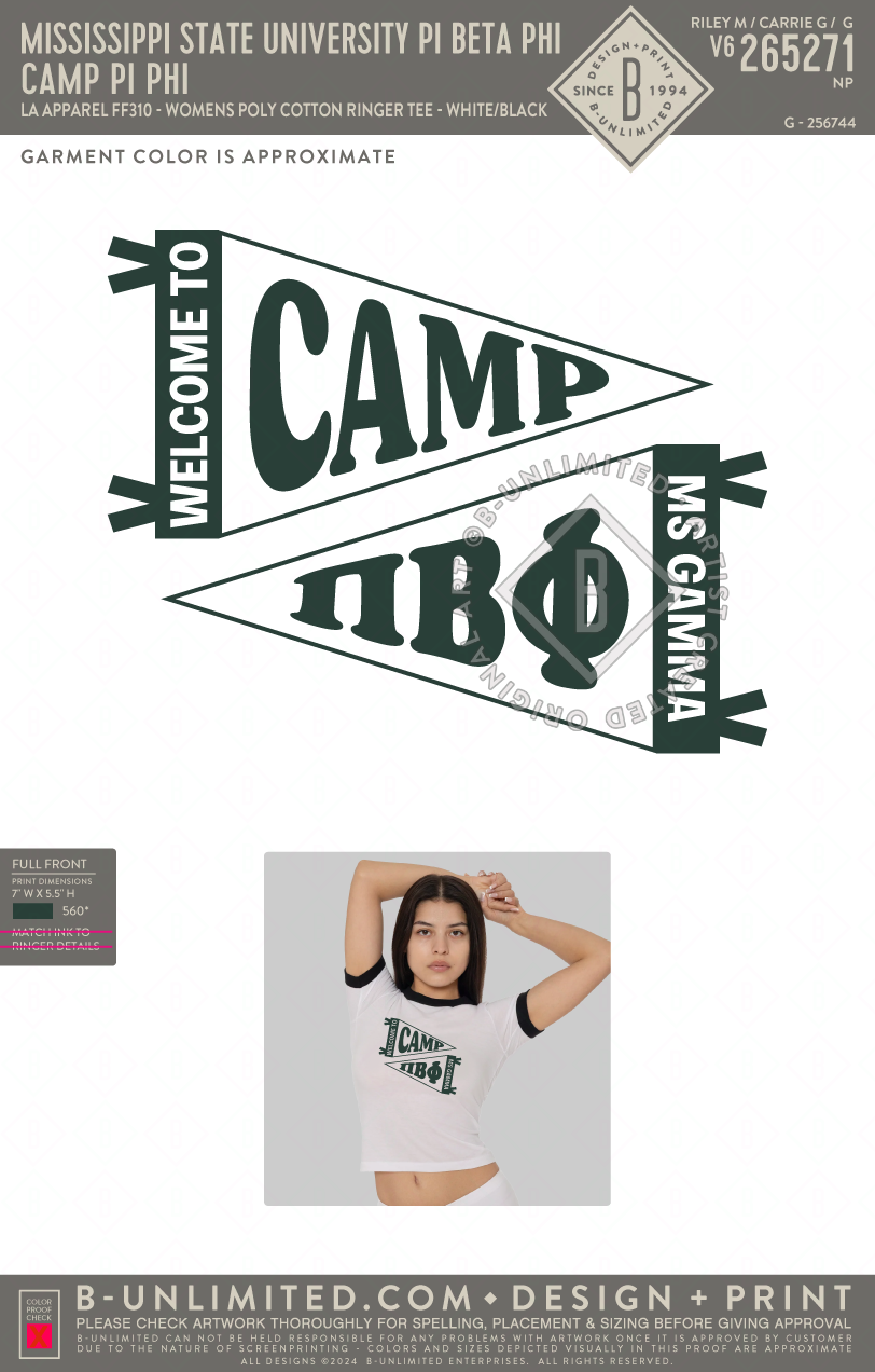 Mississippi State University Pi Beta Phi - Camp Pi Phi - LA Apparel - Womens Poly Cotton Ringer Tee - FF310 - White/Black
