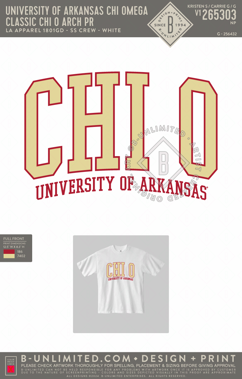 University of Arkansas Chi Omega - Classic Chi O Arch PR - LA Apparel - 1801GD - Garment Dye Crew Neck - White