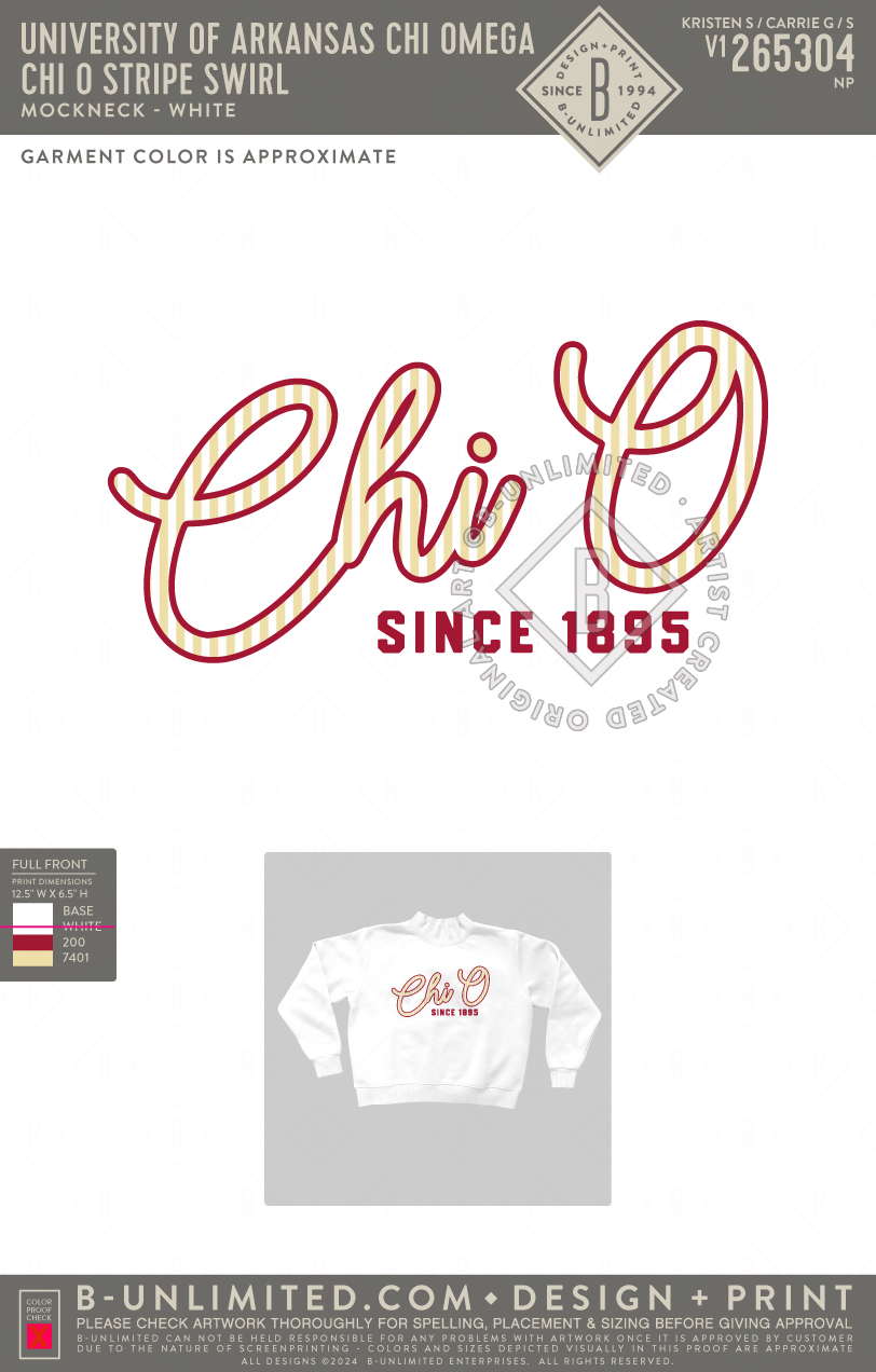 University of Arkansas Chi Omega - Chi O Stripe Swirl - Tap Stitch - WW0004-P001-V2 - Mockneck Crewneck Sweatshirt - White