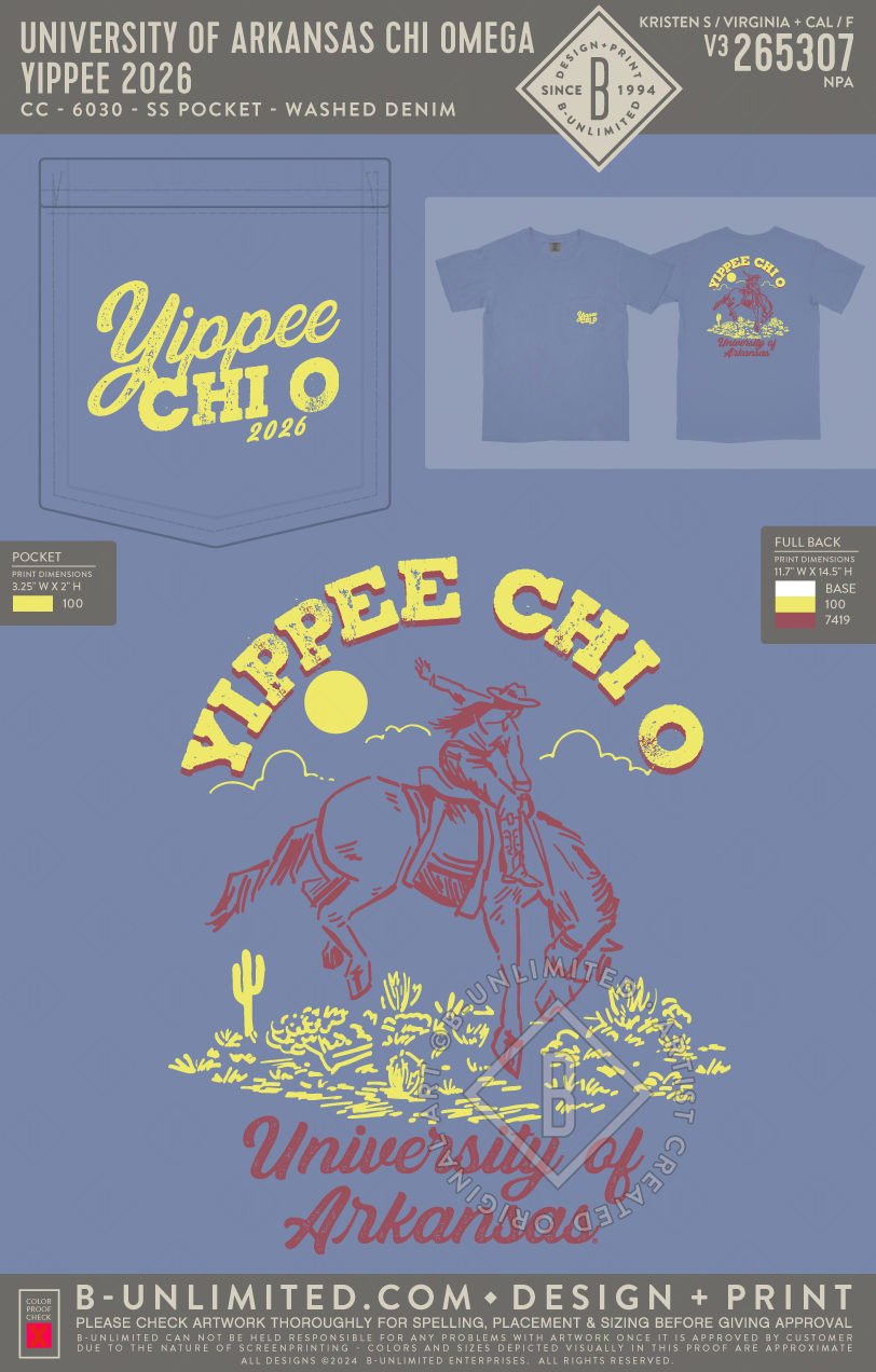 University of Arkansas Chi Omega - Yippee 2026 - CC - 6030 - SS Pocket - Washed Denim