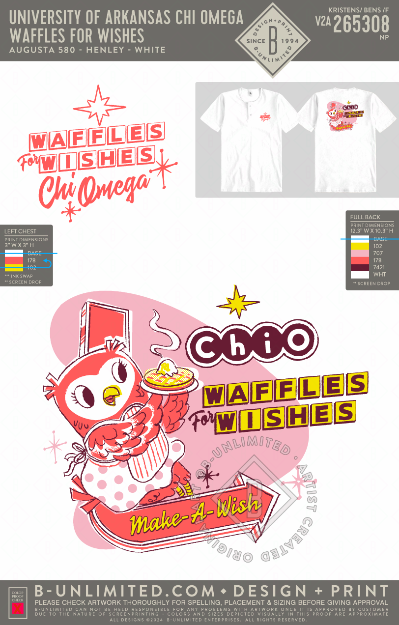 University of Arkansas Chi Omega - Waffles for Wishes - Star Tee - ST2460 - SS Henley - White