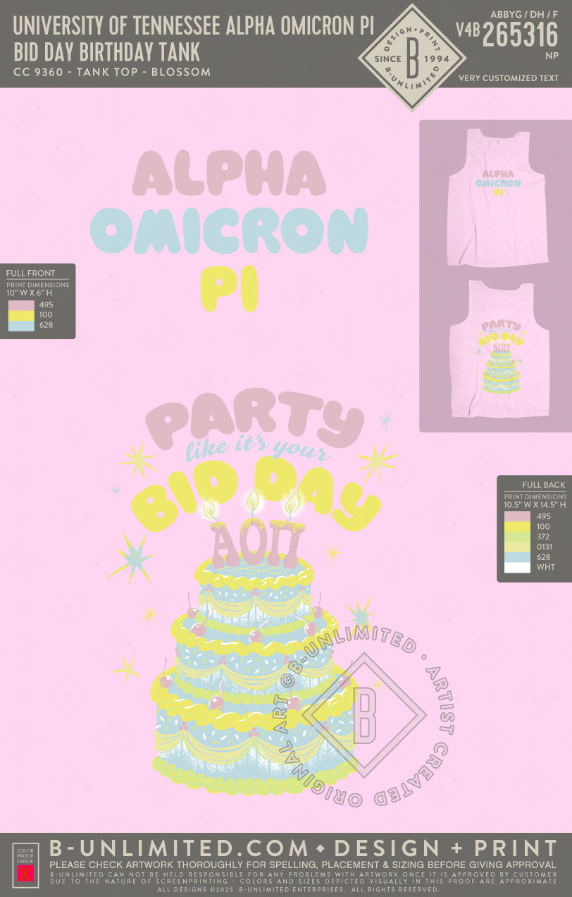University of Tennessee Alpha Omicron Pi - Bid Day Birthday Tank - CC - 9360 - Tank Top - Blossom