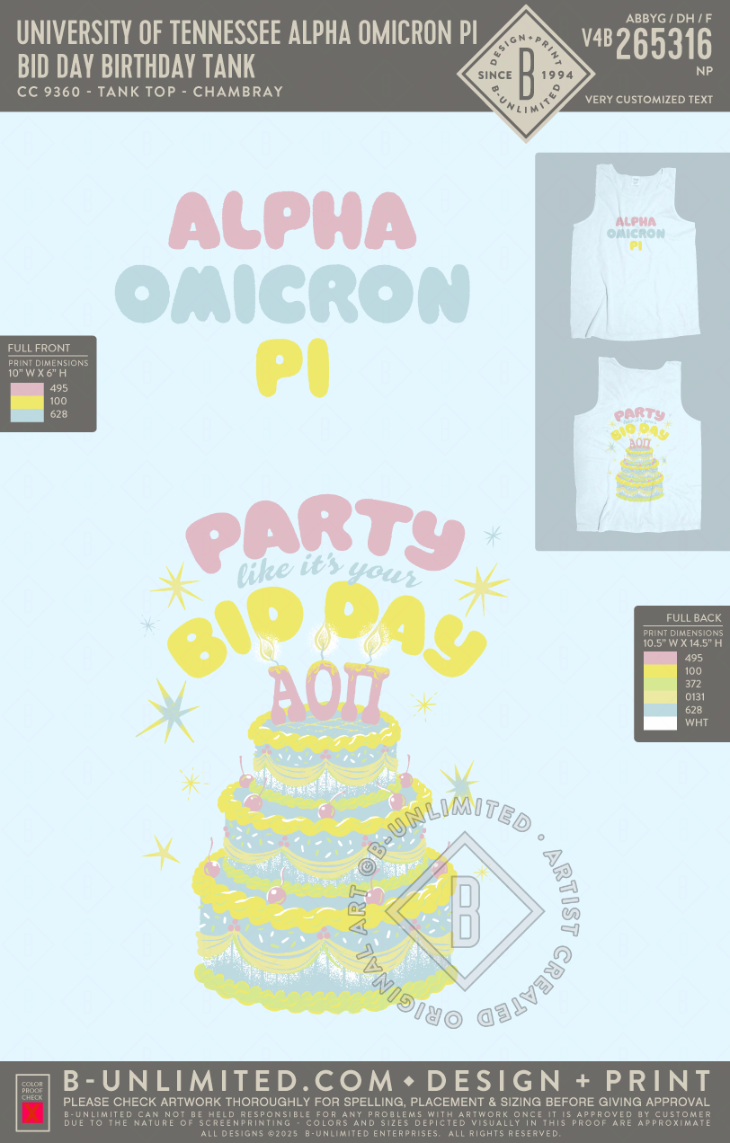 University of Tennessee Alpha Omicron Pi - Bid Day Birthday Tank - CC - 9360 - Tank Top - Chambray