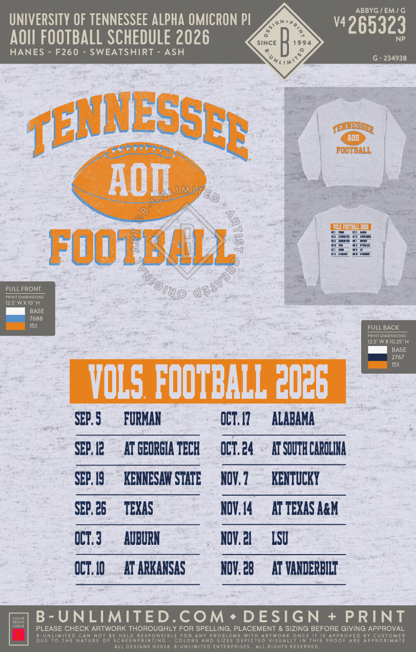 University of Tennessee Alpha Omicron Pi - AOII Football Schedule 2026 - Hanes - F260 - Sweatshirt - Ash