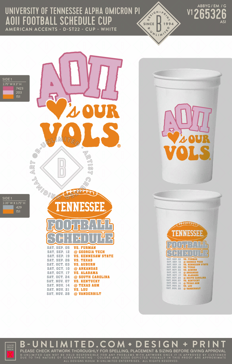 University of Tennessee Alpha Omicron Pi - AOII Football Schedule Cup - American Accents - D-ST22 - Cup - White