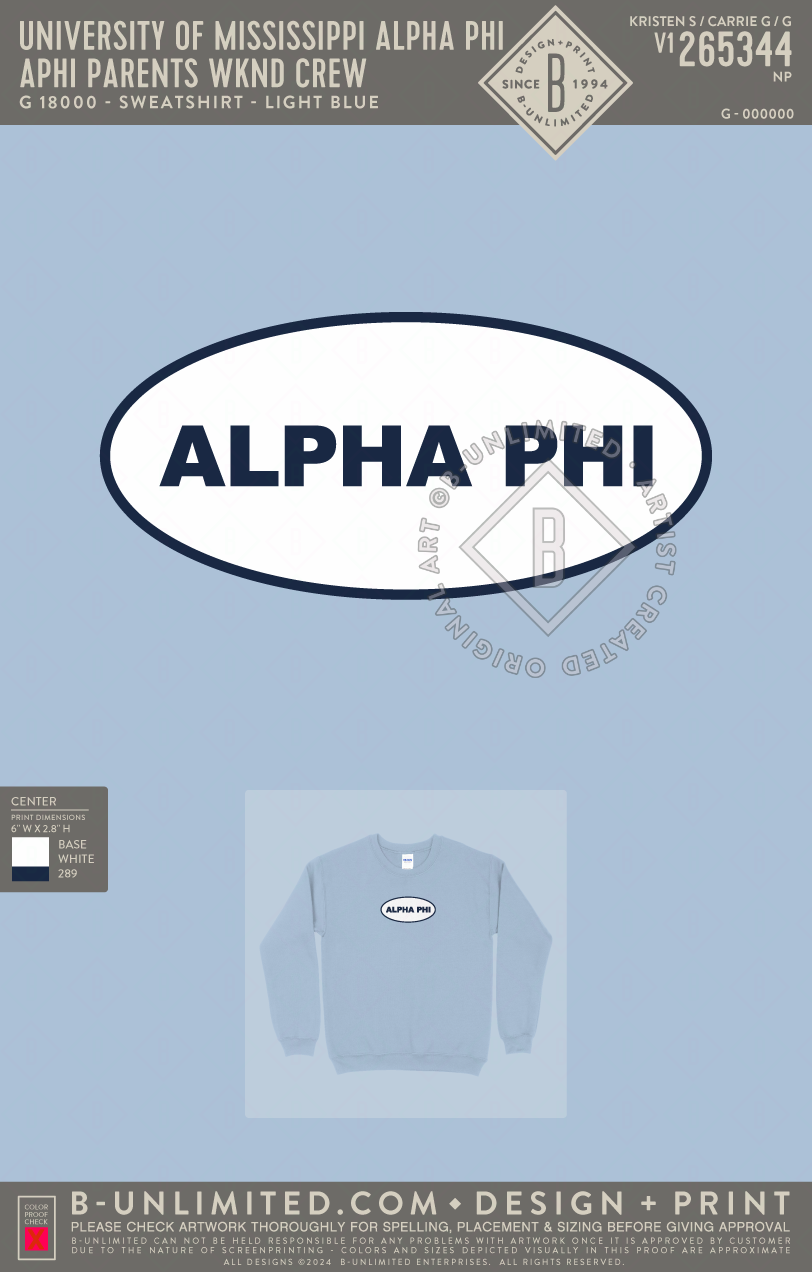 University of Mississippi Alpha Phi - Aphi Parents wknd crew - Gildan - 18000 - Crewneck Sweatshirt - Light Blue