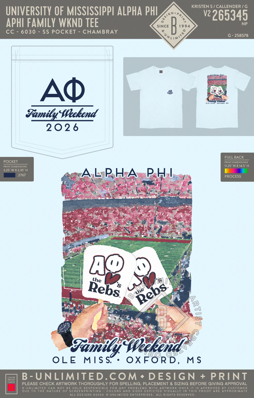 University of Mississippi Alpha Phi - APhi Family WKND Tee - CC - 6030 - SS Pocket - Chambray