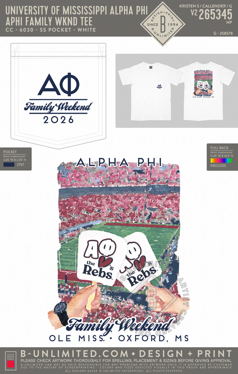 University of Mississippi Alpha Phi - APhi Family WKND Tee - CC - 6030 - SS Pocket - White