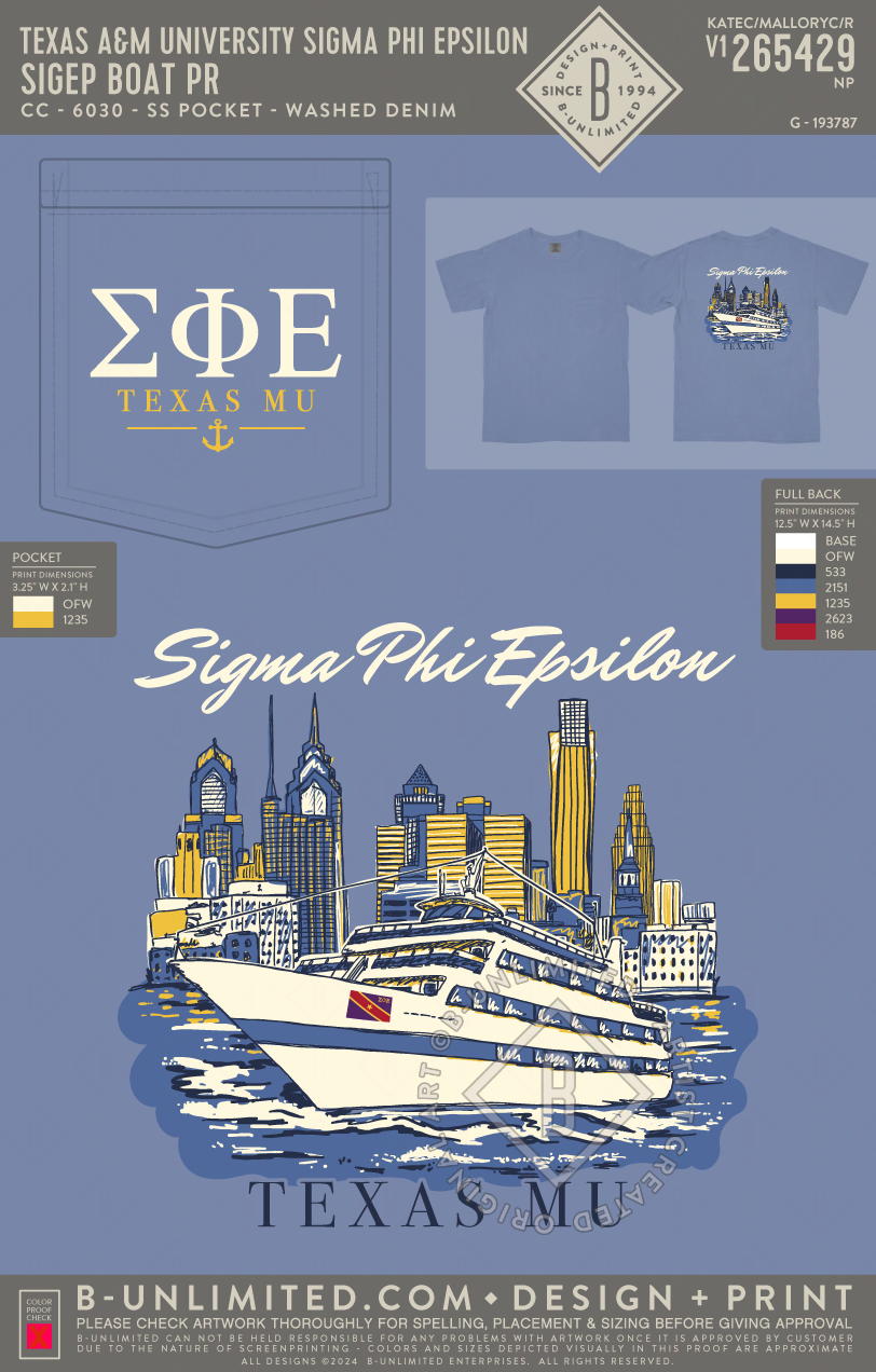 Texas A&M University Sigma Phi Epsilon - SigEp Boat PR - CC - 6030 - SS Pocket - Washed Denim