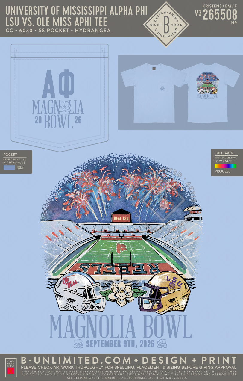 University of Mississippi Alpha Phi - LSU vs. Ole Miss Aphi Tee - CC - 6030 - SS Pocket - Hydrangea