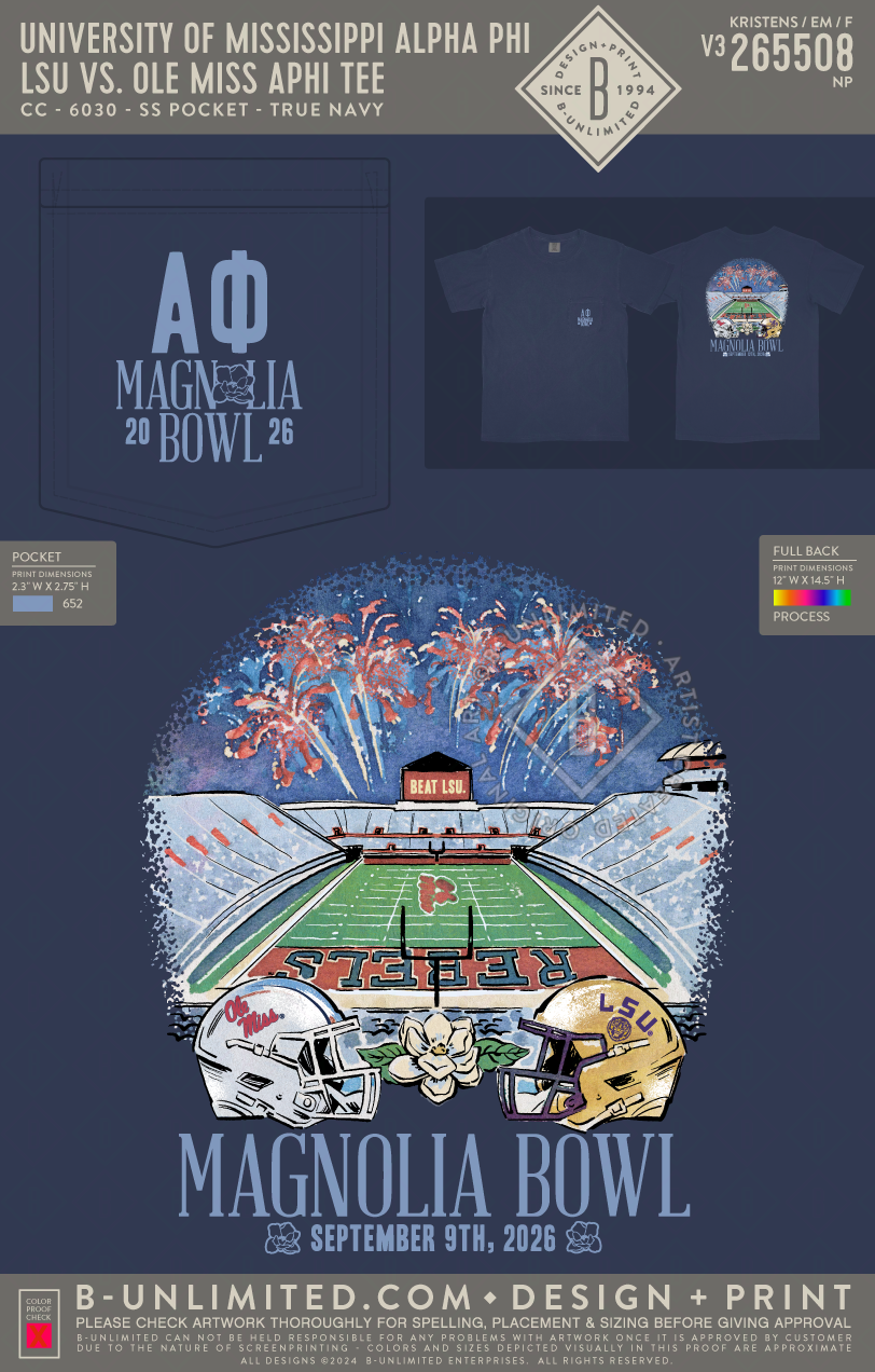 University of Mississippi Alpha Phi - LSU vs. Ole Miss Aphi Tee - CC - 6030 - SS Pocket - True Navy