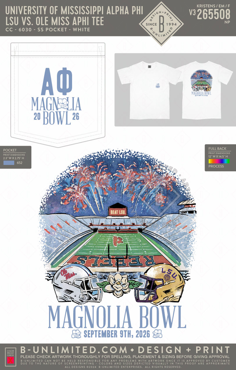 University of Mississippi Alpha Phi - LSU vs. Ole Miss Aphi Tee - CC - 6030 - SS Pocket - White