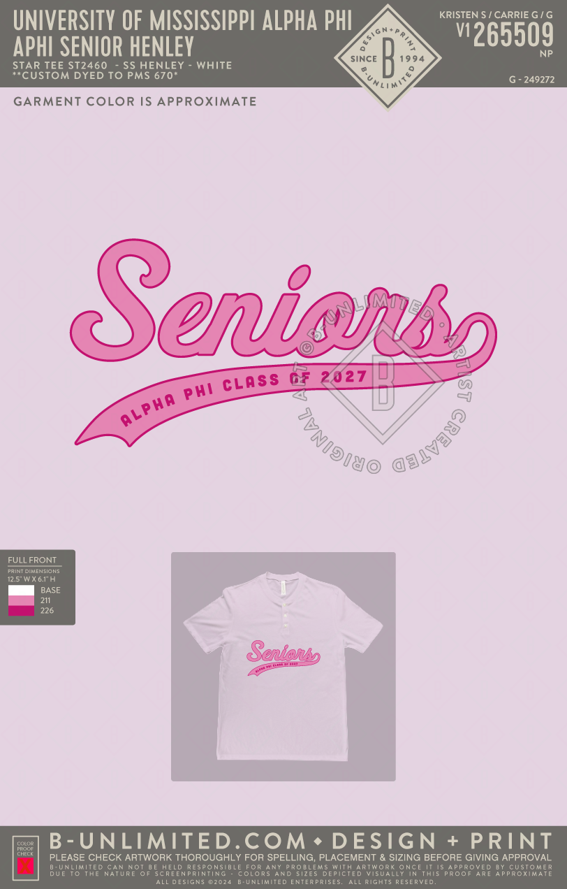 University of Mississippi Alpha Phi - Aphi Senior Henley - Star Tee - ST2460 - SS Henley - Light Pink (Custom Dyed)