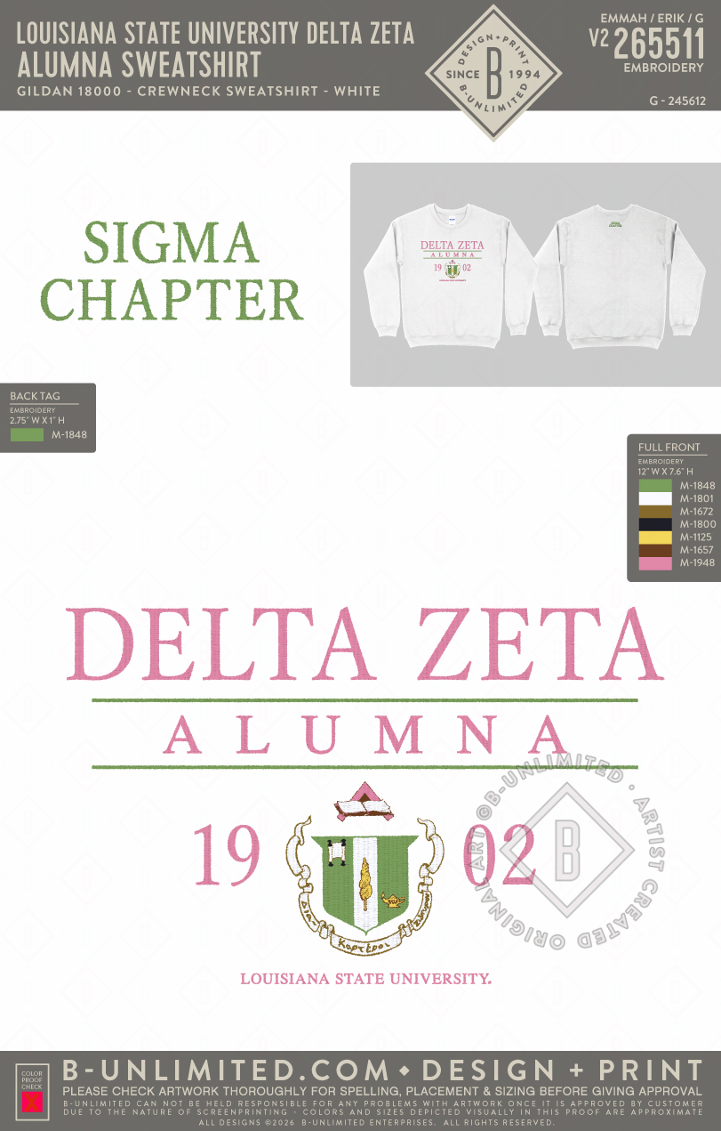 Louisiana State University Delta Zeta - Alumna Sweatshirt - Gildan - 18000 - Crewneck Sweatshirt - White