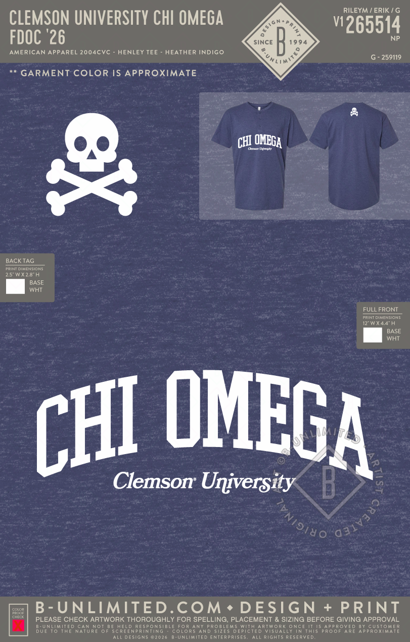 Clemson University Chi Omega - FDOC '26 - American Apparel - 2004CVC - Henley Tee - Heather Indigo