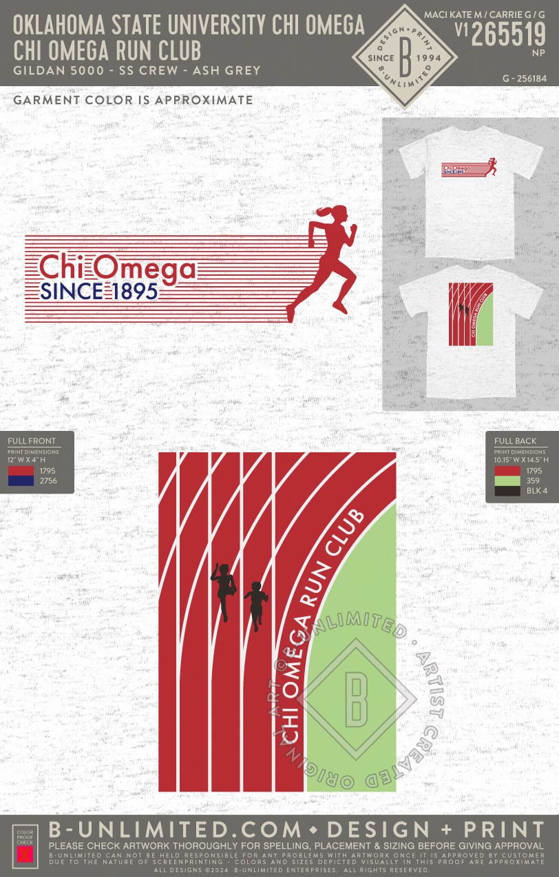 Oklahoma State University Chi Omega - Chi Omega Run Club - Gildan - 5000 - SS Crew - Ash Grey