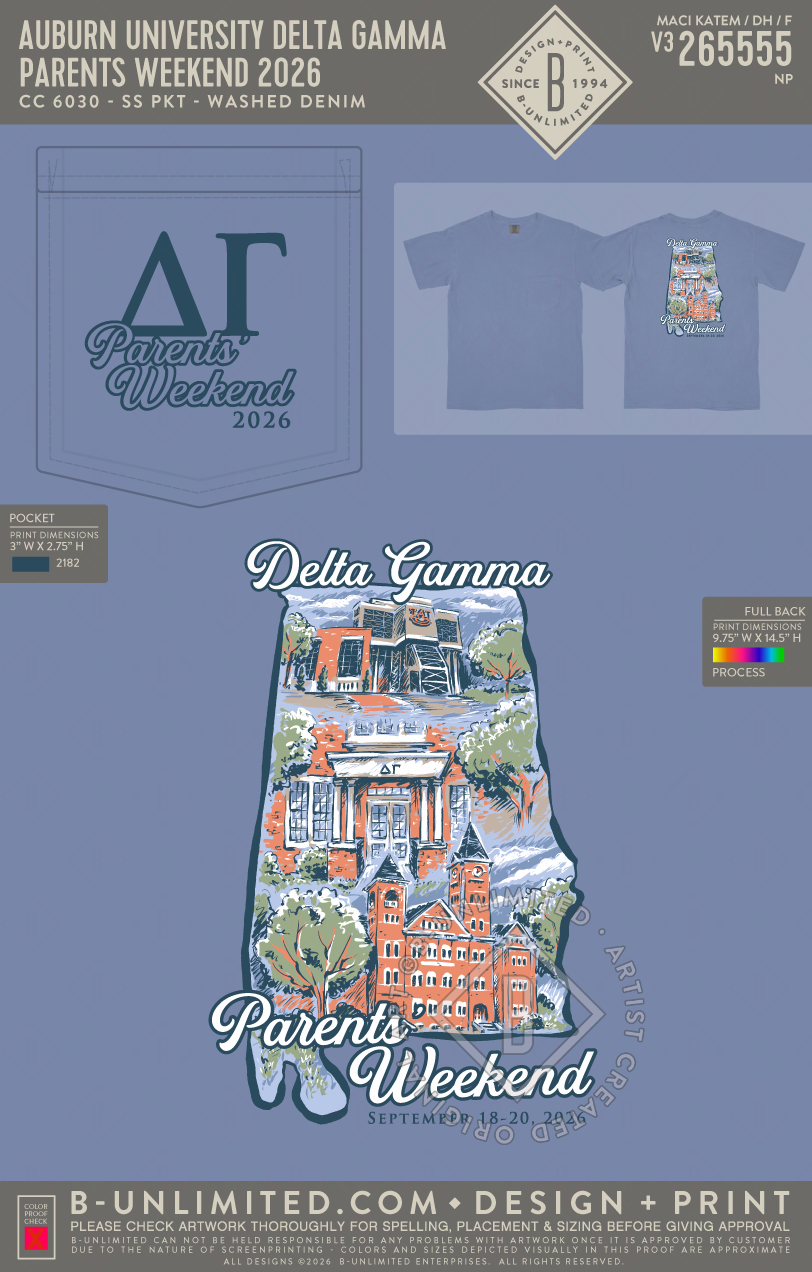 Auburn University Delta Gamma - Parents Weekend 2026 - CC - 6030 - SS Pocket - Washed Denim