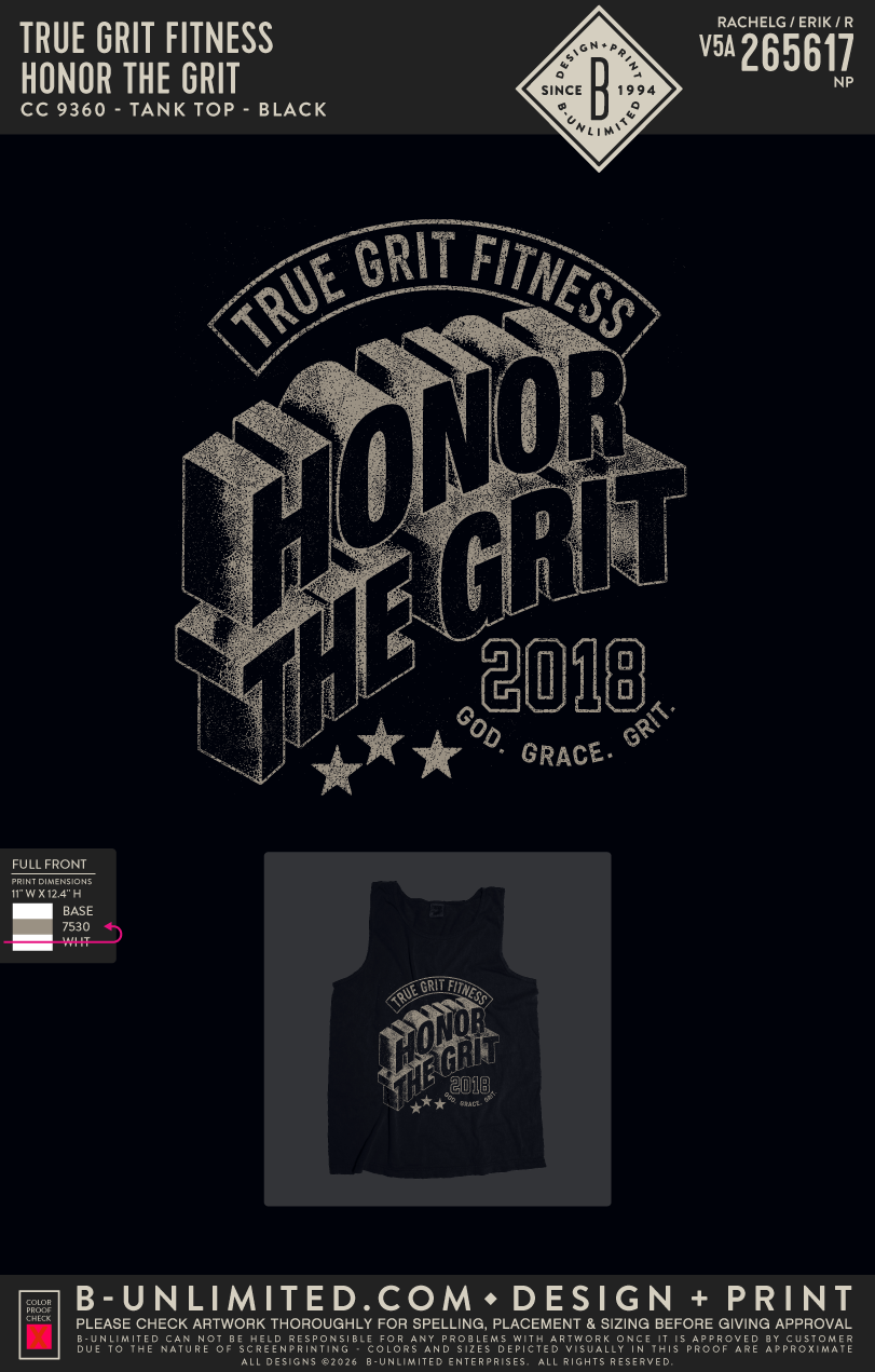 True Grit Fitness - Honor the Grit - CC - 9360 - Tank Top - Black