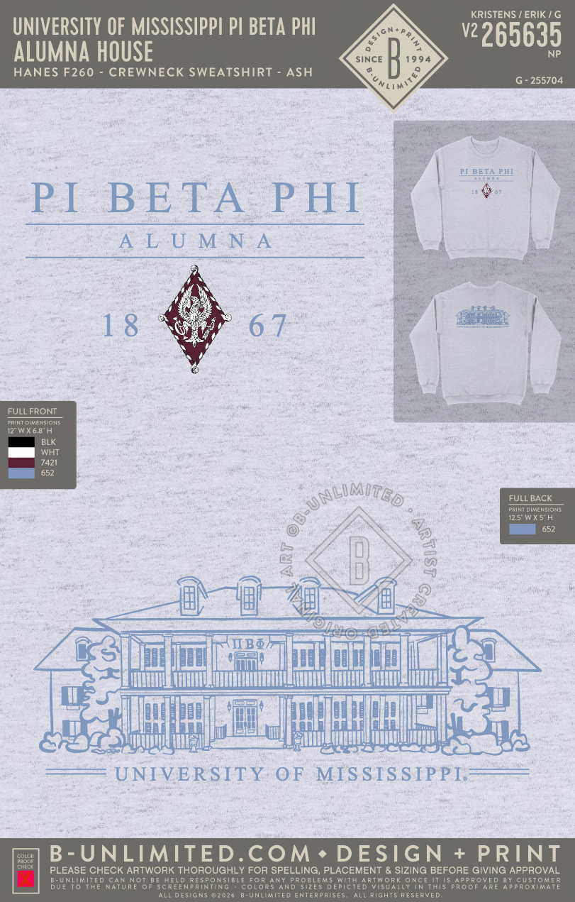 University of Mississippi Pi Beta Phi - Alumna House - Hanes - F260 - Sweatshirt - Ash