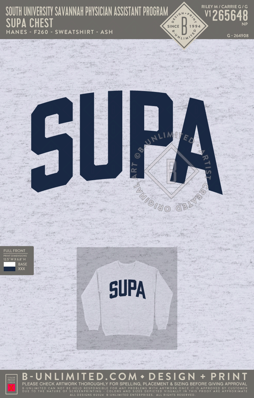 South University Savannah Physician Assistant Program - SUPA Chest - Hanes - F260 - Sweatshirt - Ash