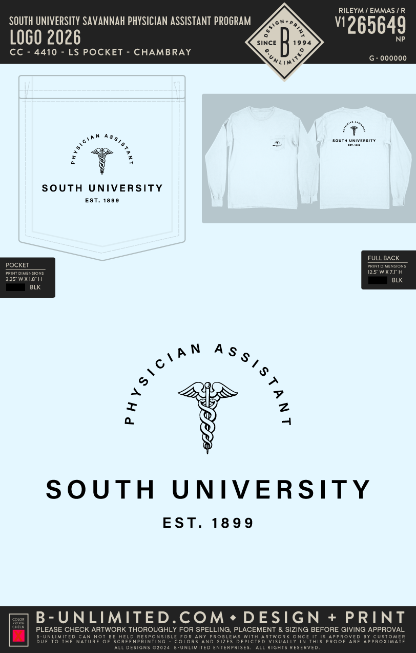South University Savannah Physician Assistant Program - Logo 2026 - CC - 4410 - LS Pocket - Chambray