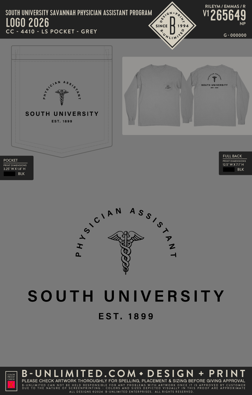 South University Savannah Physician Assistant Program - Logo 2026 - CC - 4410 - LS Pocket - Grey