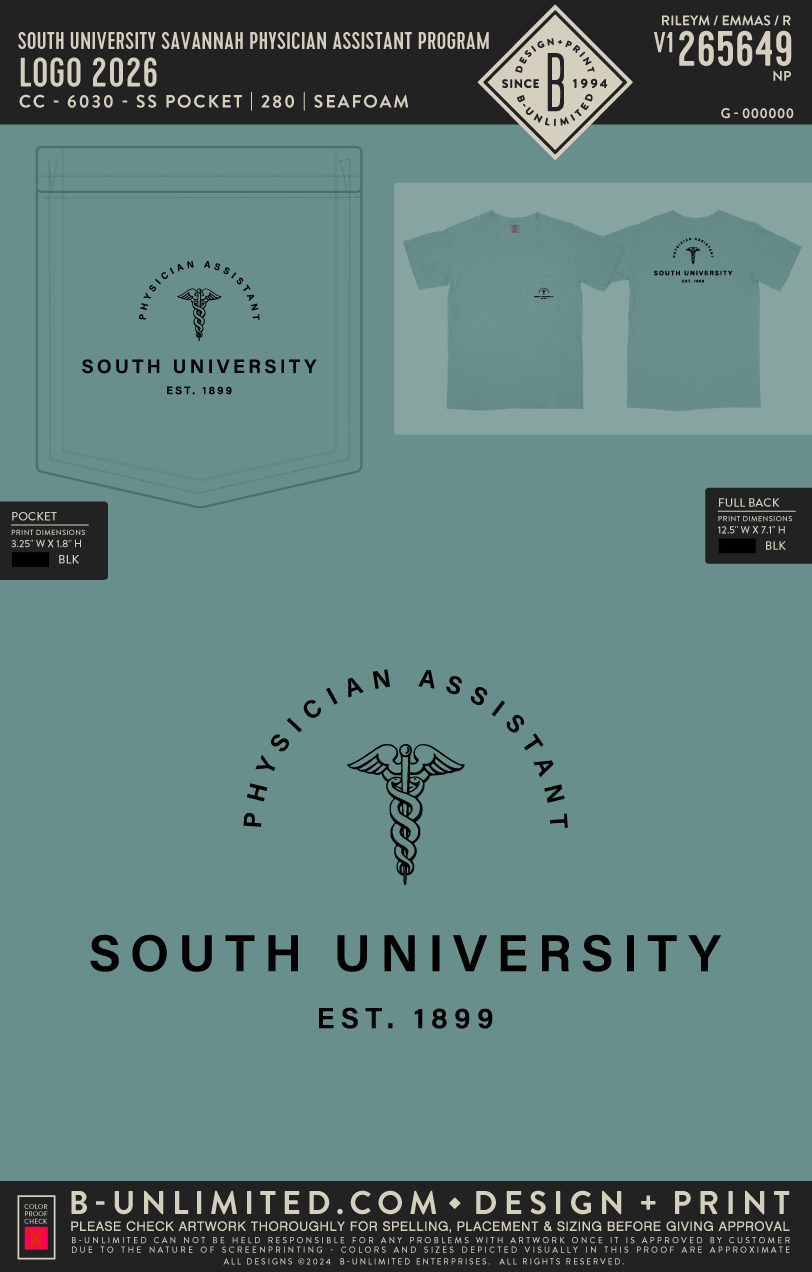 South University Savannah Physician Assistant Program - Logo 2026 - CC - 6030 - SS Pocket - Seafoam