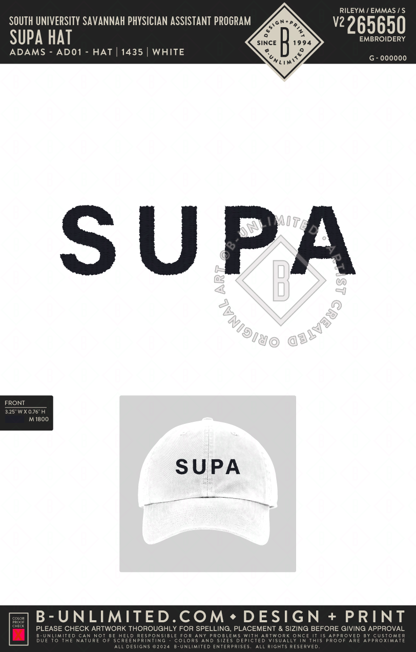 South University Savannah Physician Assistant Program - SUPA Hat - Adams - AD01 - Hat - White