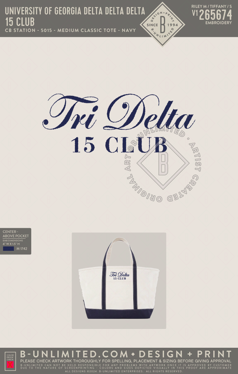 University of Georgia Delta Delta Delta - 15 Club - CB Station - 5015 - Medium Classic Tote - Navy