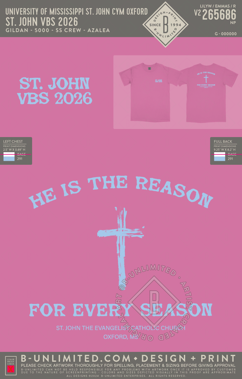 University of Mississippi St. John CYM Oxford - St. John VBS 2026 - Gildan - 5000 - SS Crew - Azalea